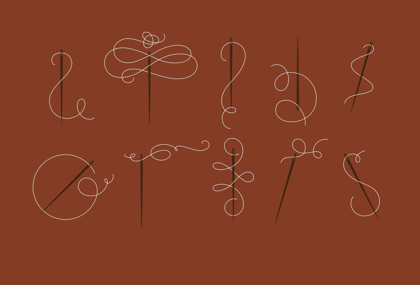 Needles and thread for sewing collection drawn with swirls element in baroque style terracotta color vector