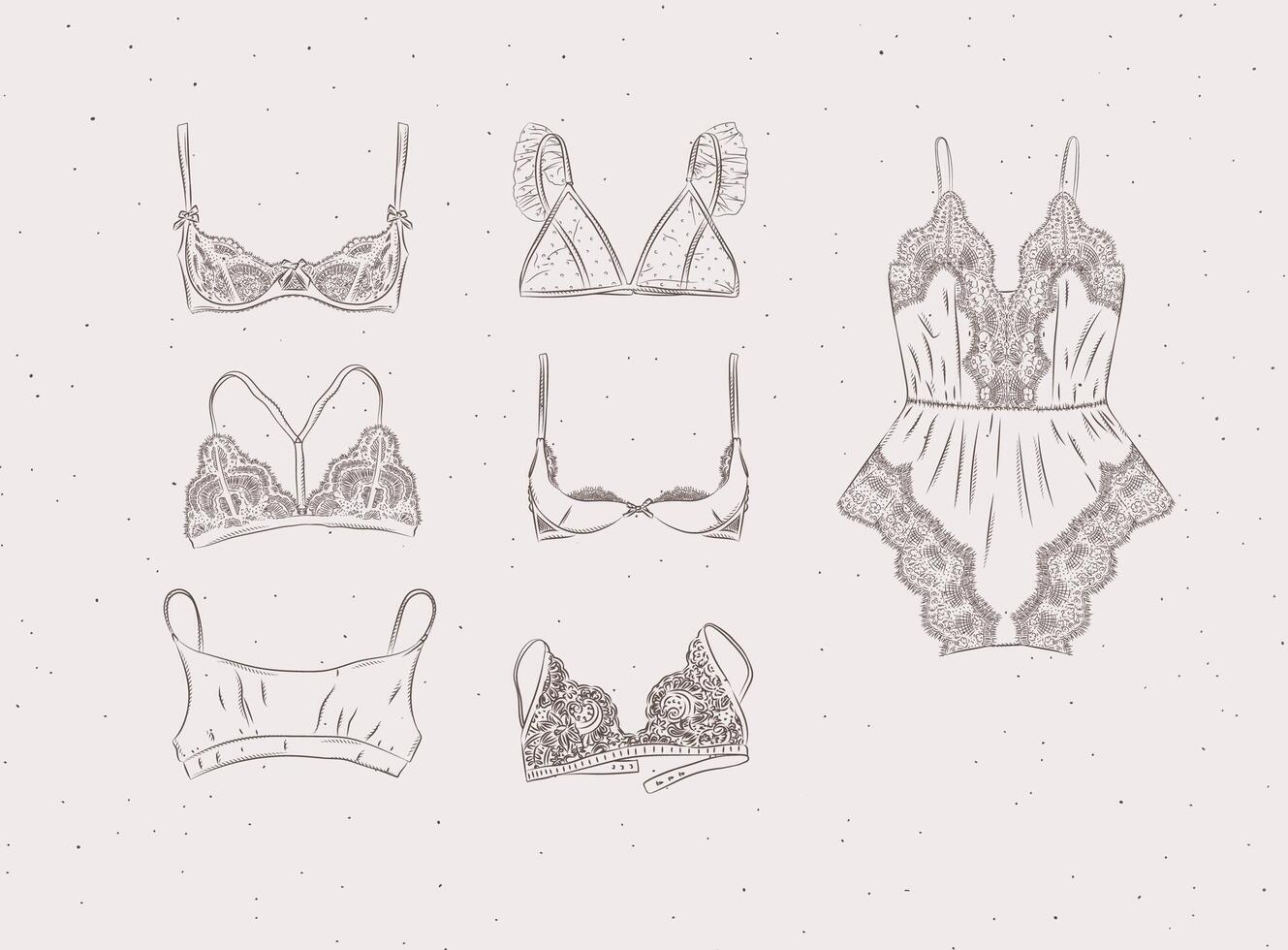 Lace sexy bras collection drawn in graphic style on beige color background vector