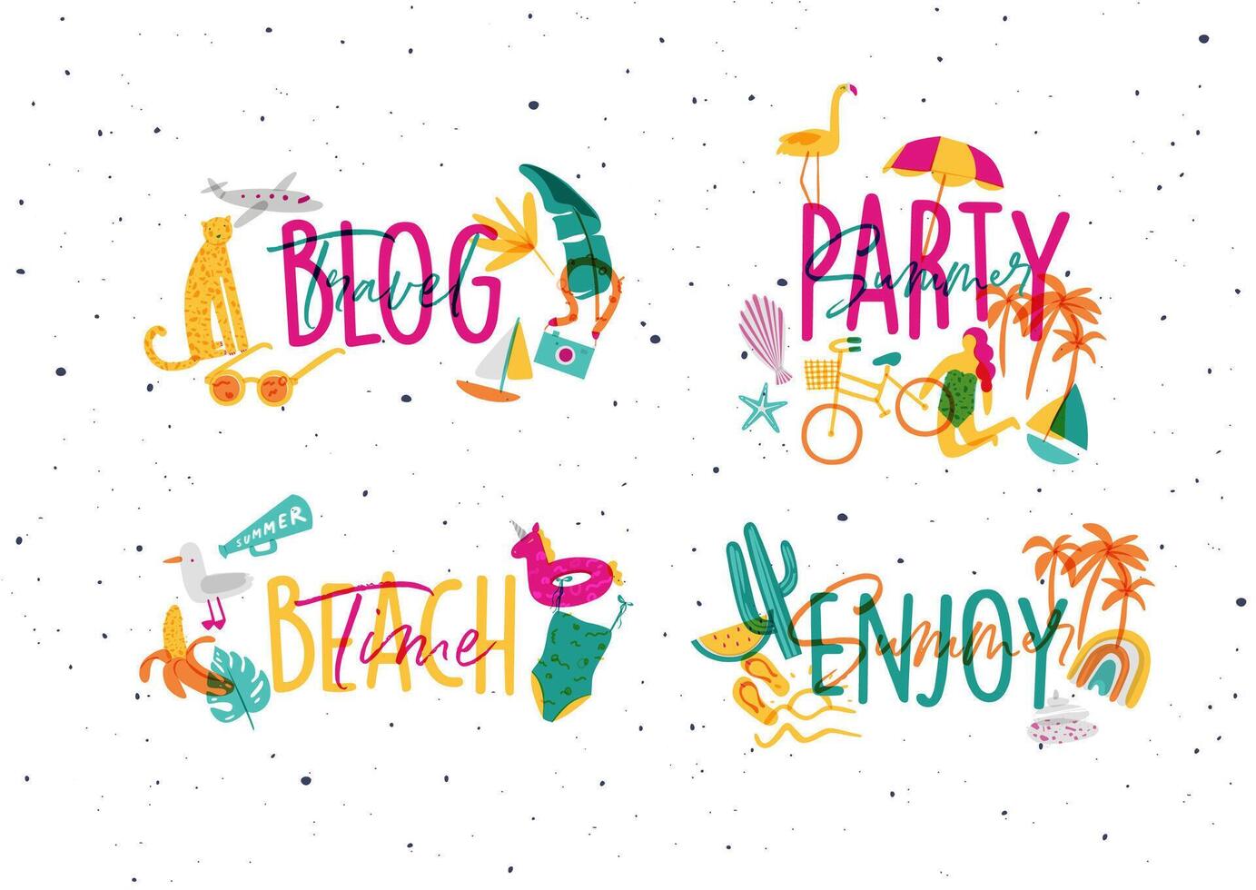 Summer lettering with inscriptions travel blog, party, beach time, enjoy drawing with color vector