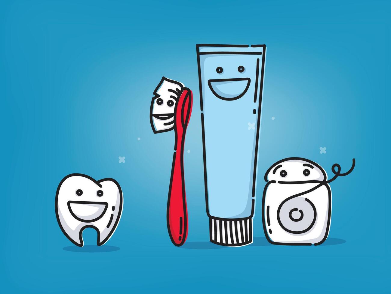Small amusing tooth, toothbrush, dental floss, toothpaste characters scene drawing on light blue background. vector
