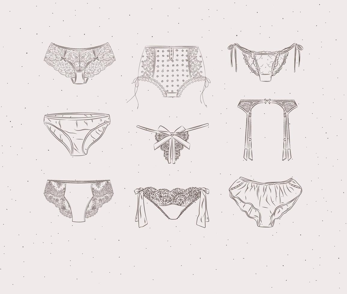 Lace sexy panties collection drawn in graphic style on beige color background vector