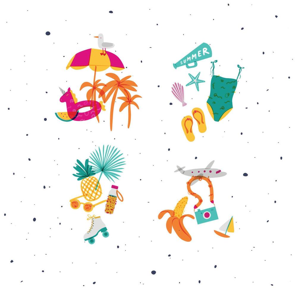 Summer vivid compositions set with seagull, umbrella, watermelon, palm, speaker shell, slippers, swimsuit, leaf, pineapple, sunglasses, rollers, water bottle, airplane drawing in vivid style vector
