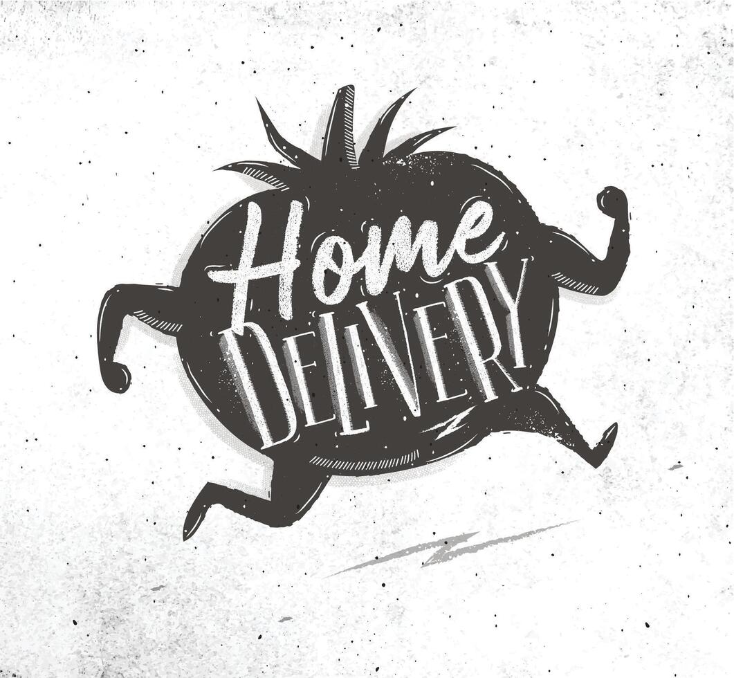 Home delivery with running tomato and lettering drawing on dirty paper background vector