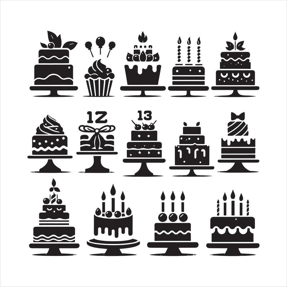 set of happy birthday cake silhouette white background vector