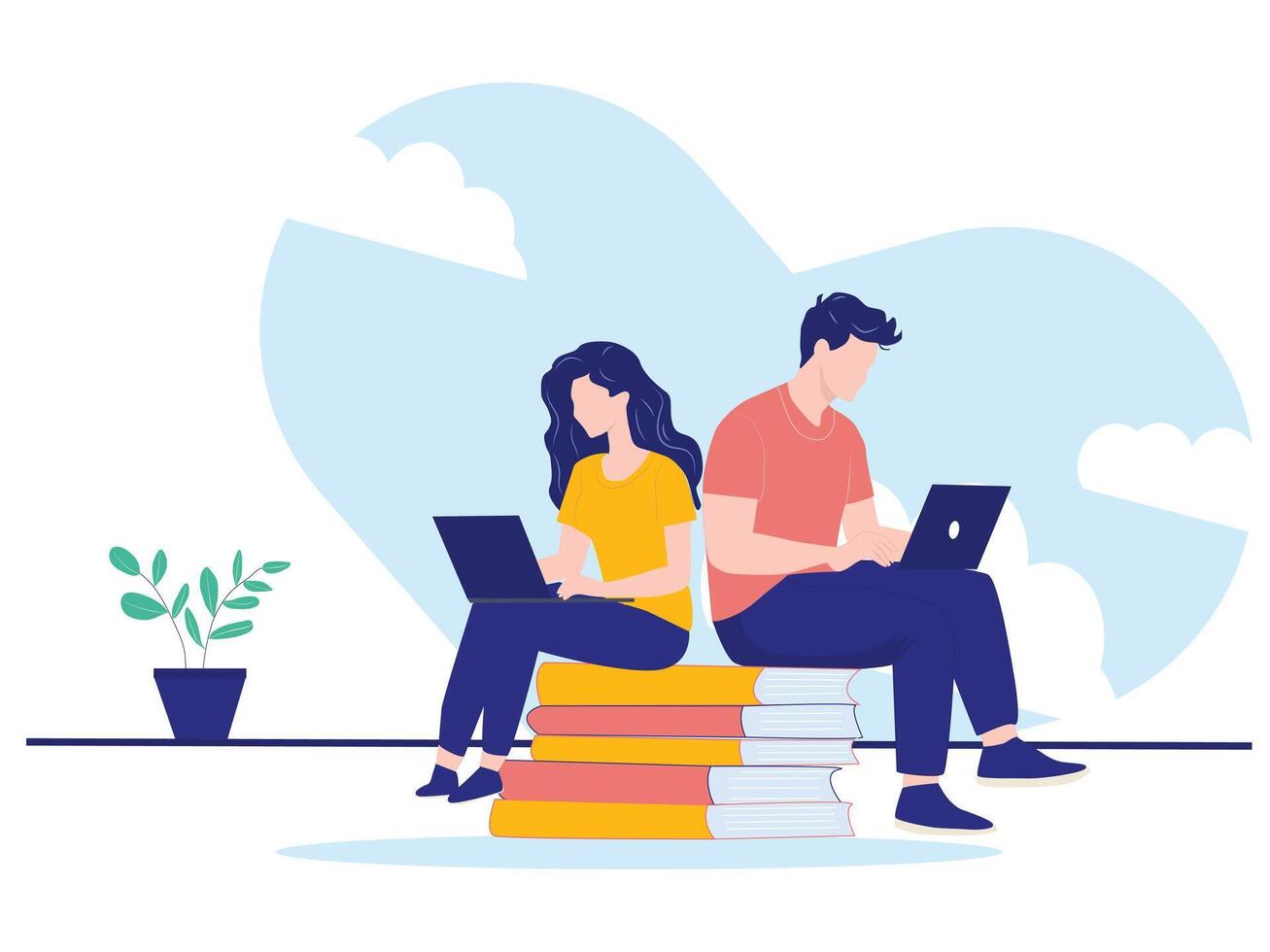 Man and woman studying together - Couple sitting on books with laptop computers learning and educating themselves, vector
