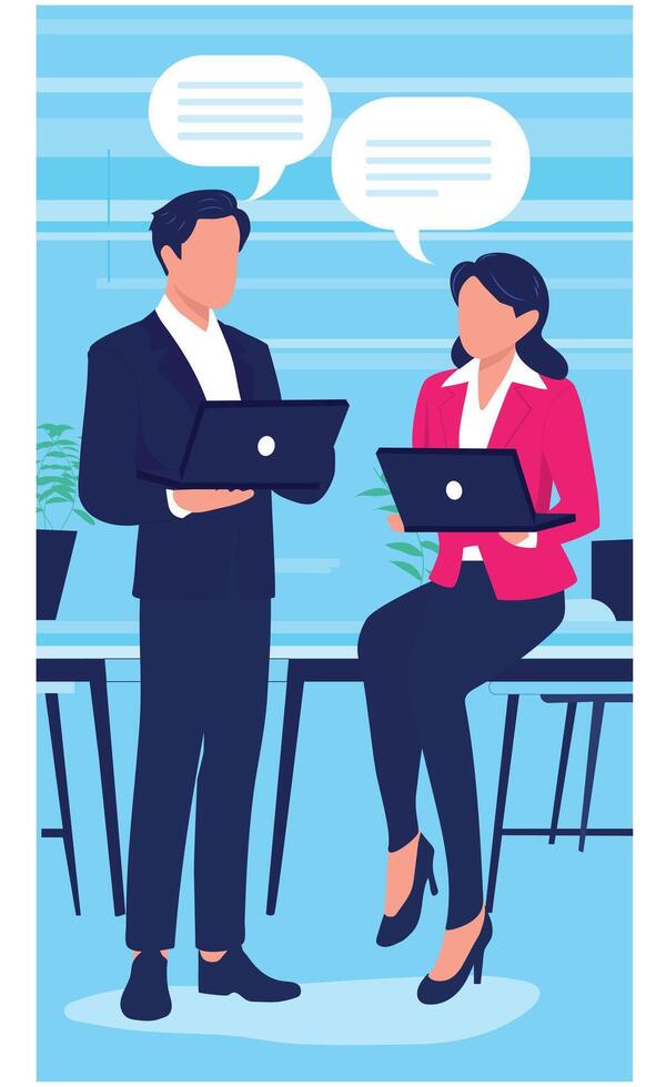Two people are working - Team of casual business man and woman working on computer and talking together. Flat design illustration with white background vector