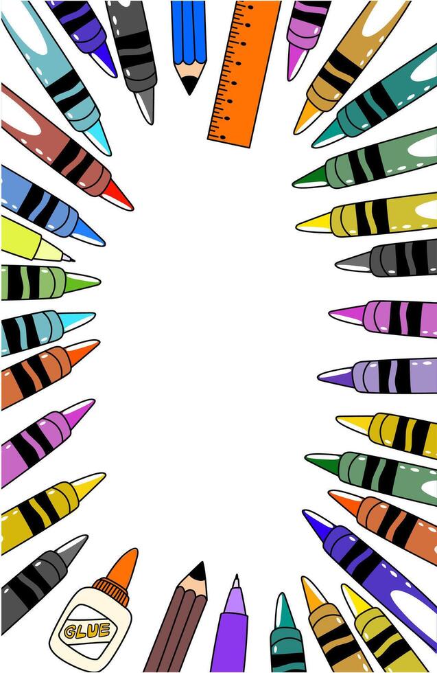 Colorful crayon pencil glue Ruler Rotate drawing template for coloring book and poster vector