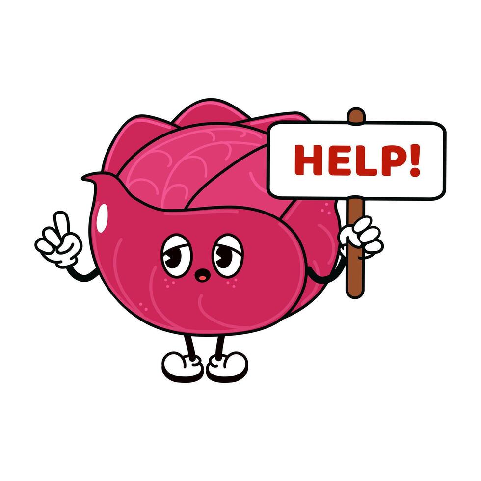 Cute Red Cabbage with an inscription help character. hand drawn traditional cartoon vintage, retro, kawaii character illustration. Isolated white background. Red Cabbage character vector