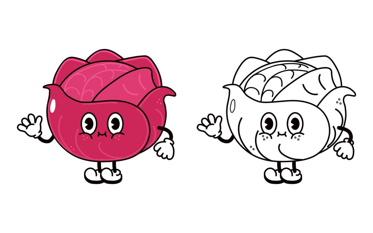 Funny cute happy red Cabbage characters bundle set. hand drawn cartoon kawaii character illustration icon. Cute red Cabbage. Outline cartoon illustration for coloring book vector