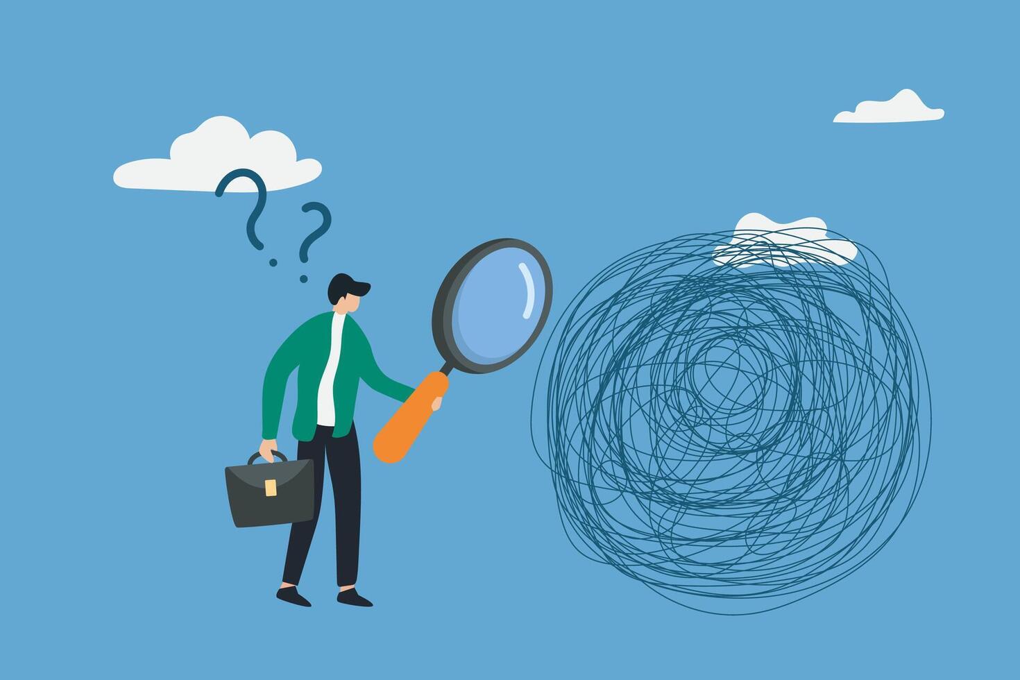 The concept of looking for the source of a problem and a solution to solve it, person is analyzing a complex problem. vector