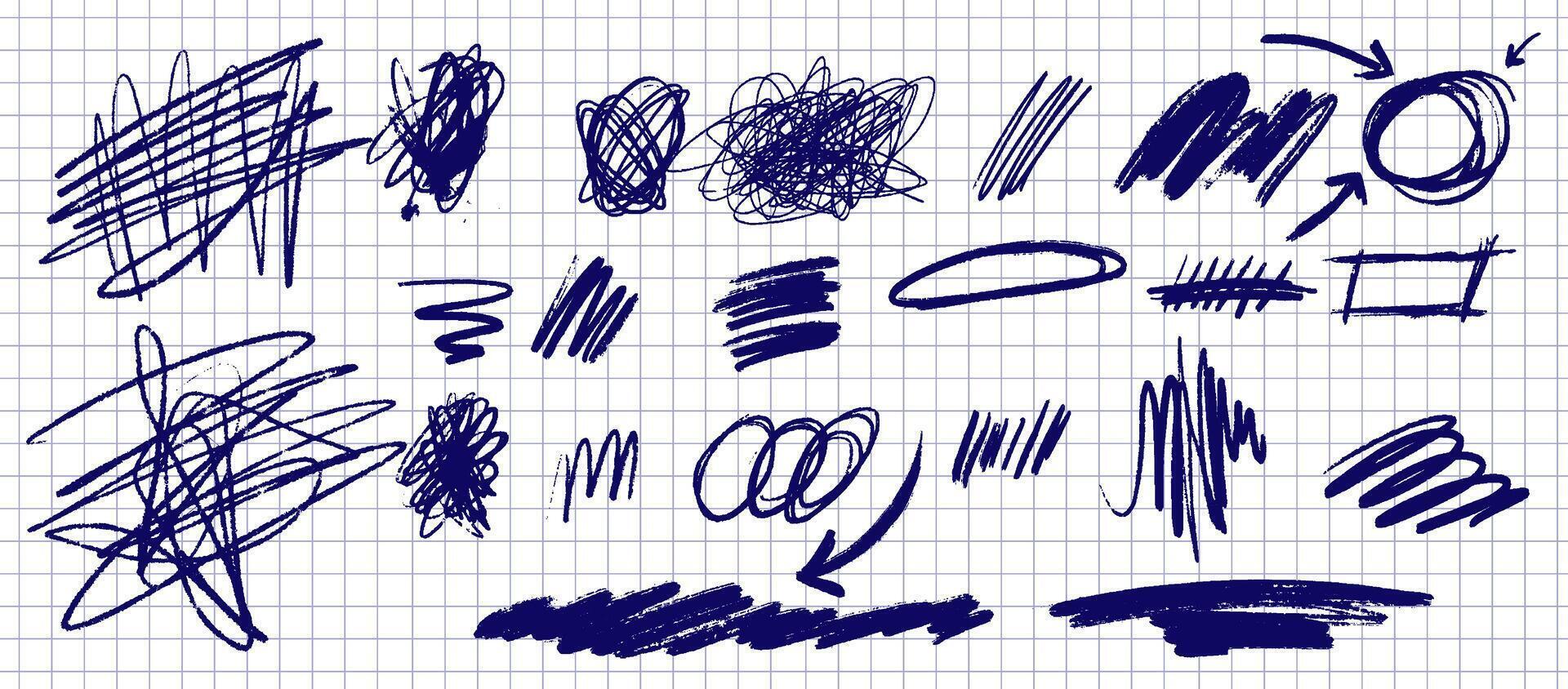 set of hand drawn pencil and marker scribbles. Messy lines, arrows, and shapes with crayon textures. Grunge strokes, swirl elements, arrows. vector