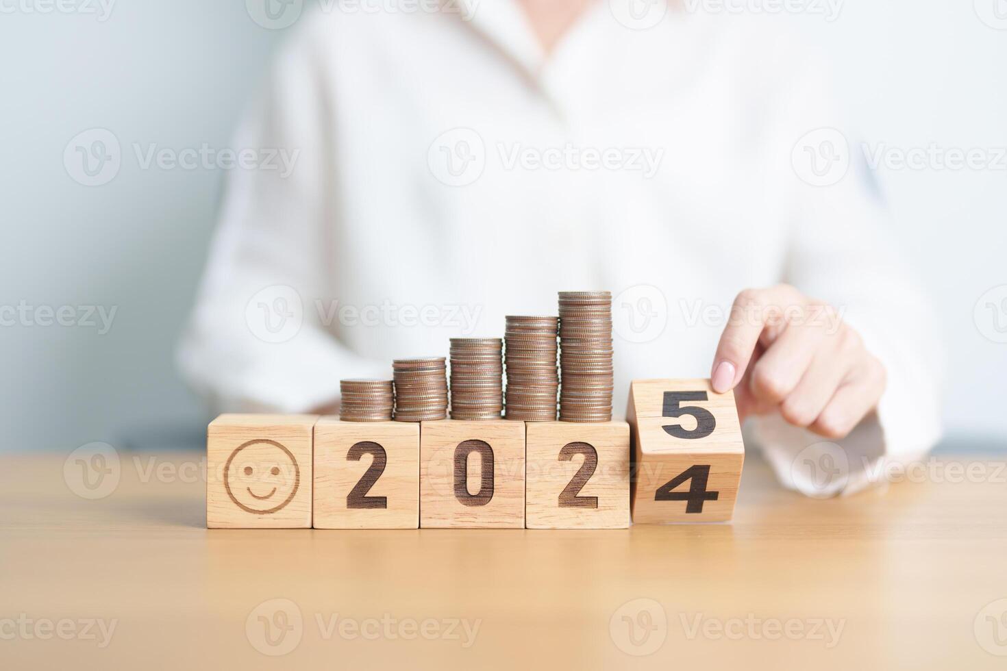 2024 end year to Happy New Year 2025 with Coins stack and Smile icon. goal, Money, Budget, investment, financial, savings, New Year Resolution, Satisfaction, feedback, Review and good year concept photo