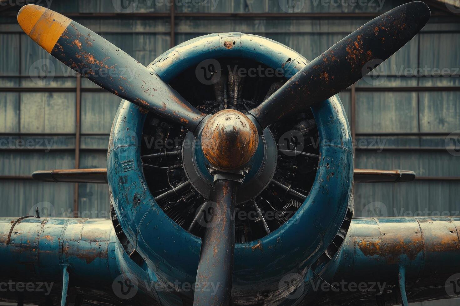 Old rusted airplane engine with blue propeller blades photo