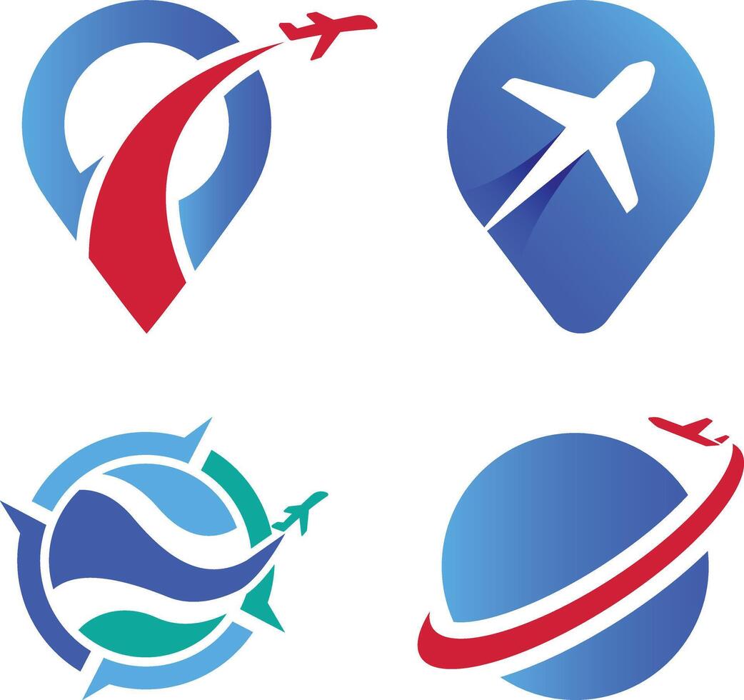 Travel logo design with plane globe and location marker icons swoosh vector