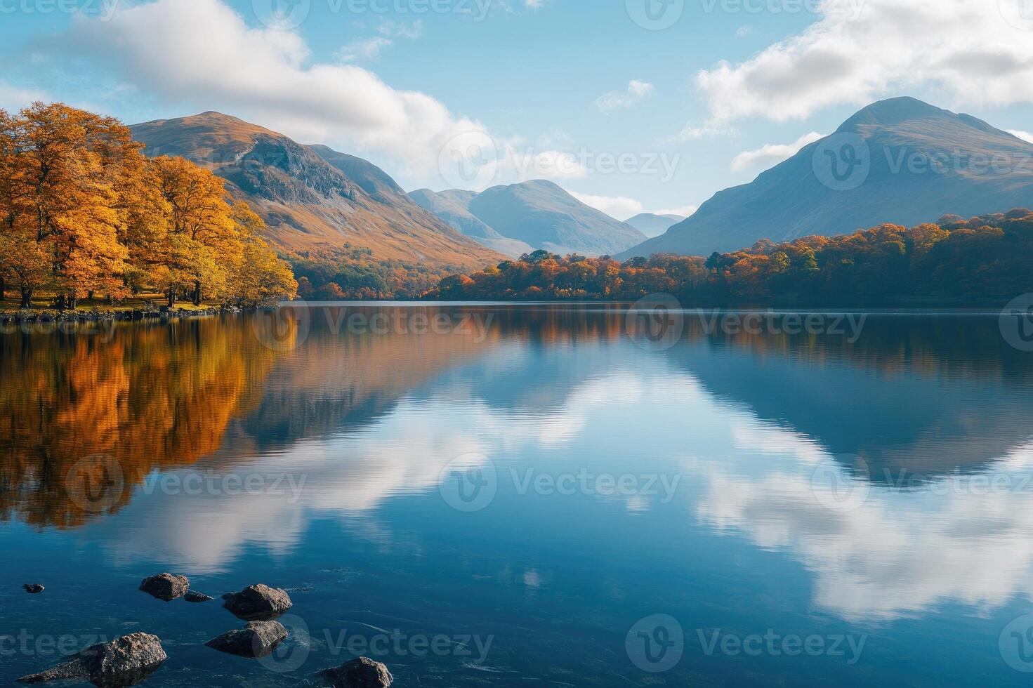 Buttermere lake reflecting autumn colors under cloudy sky in lake district national park photo
