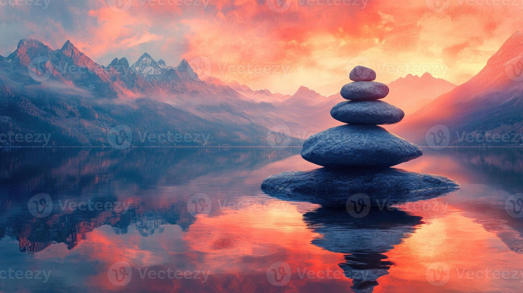Stacked stones creating harmony and balance in a mountain lake at sunset photo