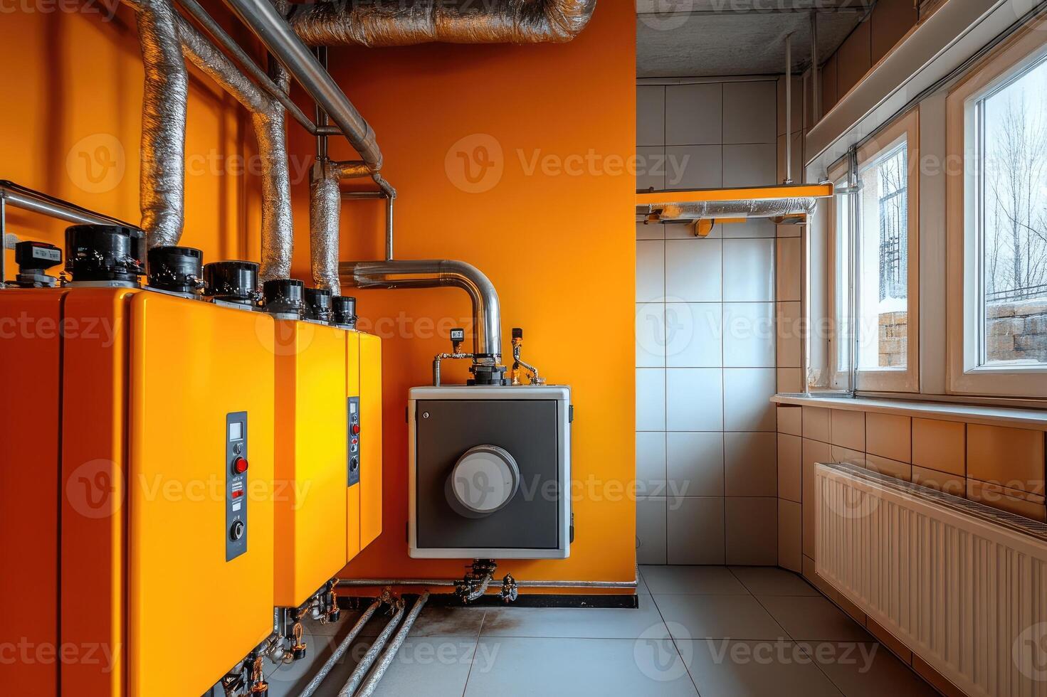 Boiler room with row of yellow heaters generating heat for building photo