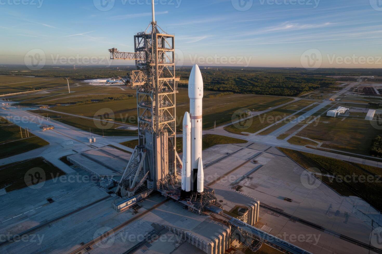 Falcon heavy rocket is standing on a launchpad, ready for taking off photo