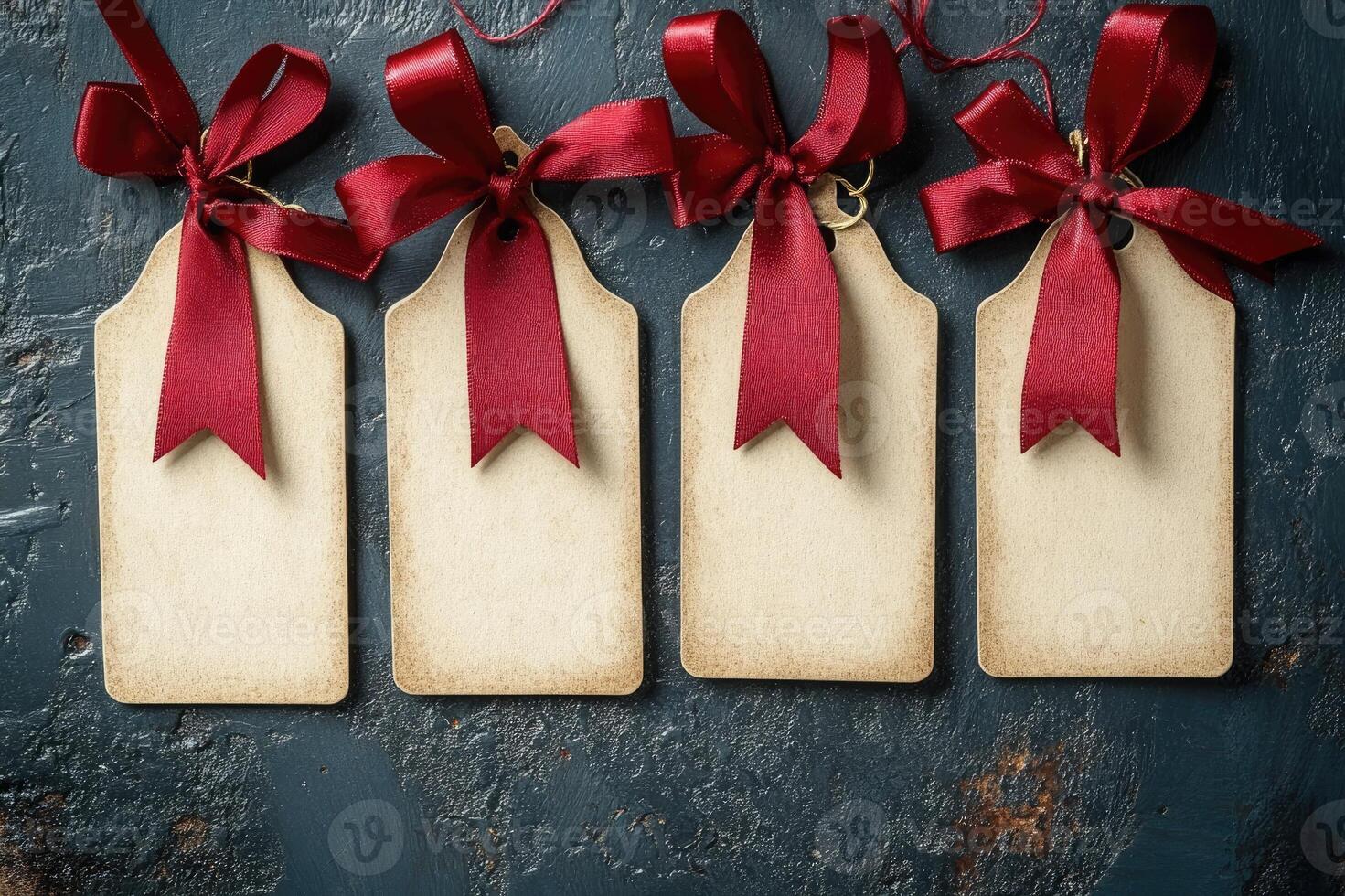 Four blank gift tags with red ribbons waiting for christmas messages photo