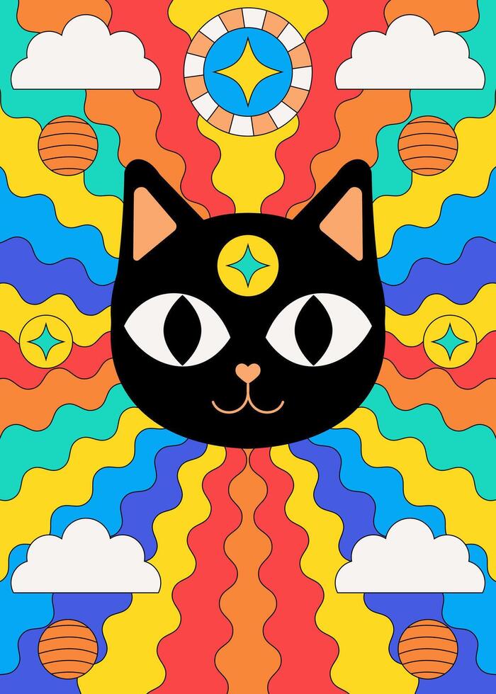 Psychedelic Cosmic Cat with Colorful Retro Waves and Celestial Elements vector