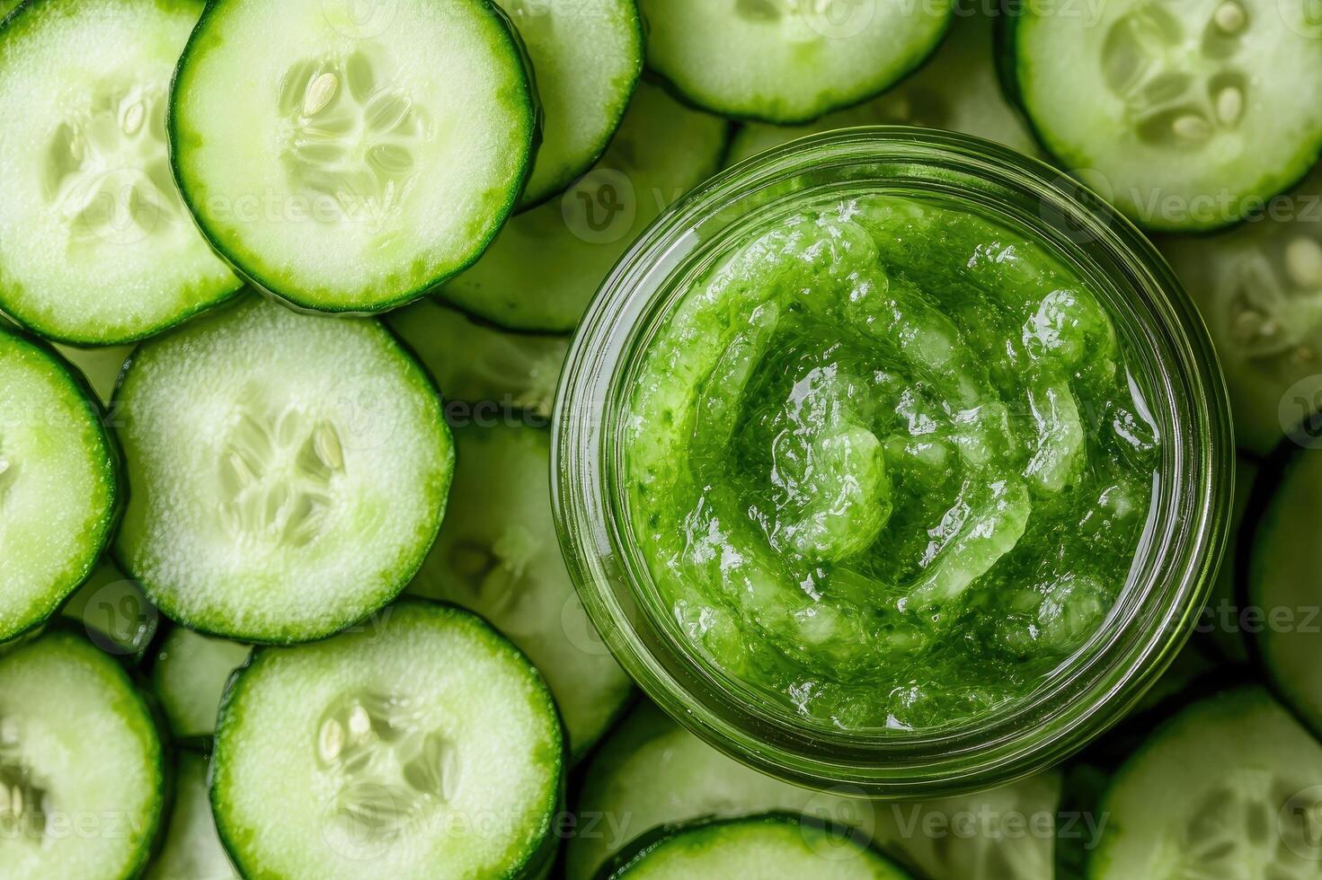 Organic cucumber face mask surrounded by fresh cucumber slices photo