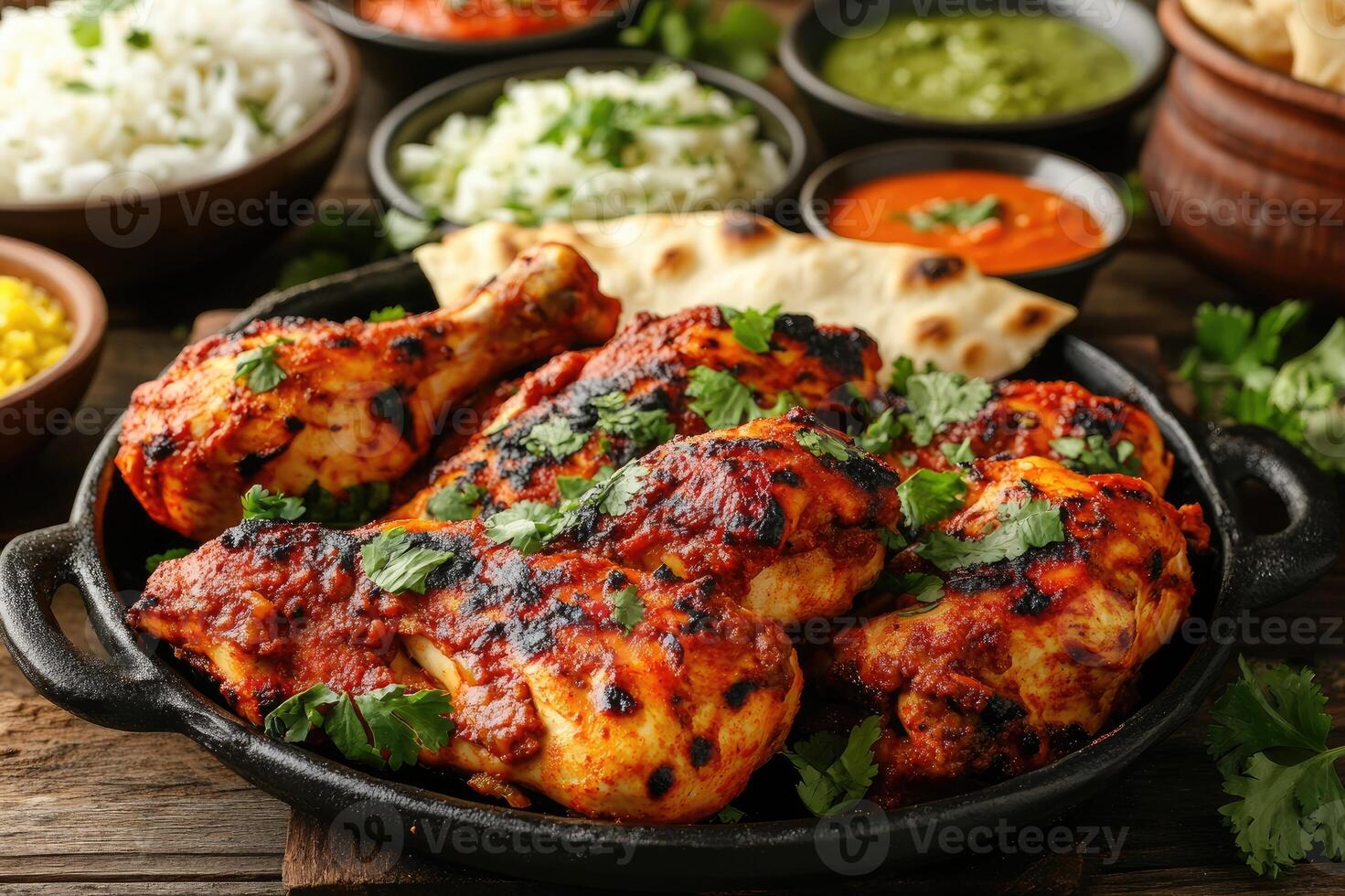 Spicy tandoori chicken served with fragrant basmati rice and naan bread photo
