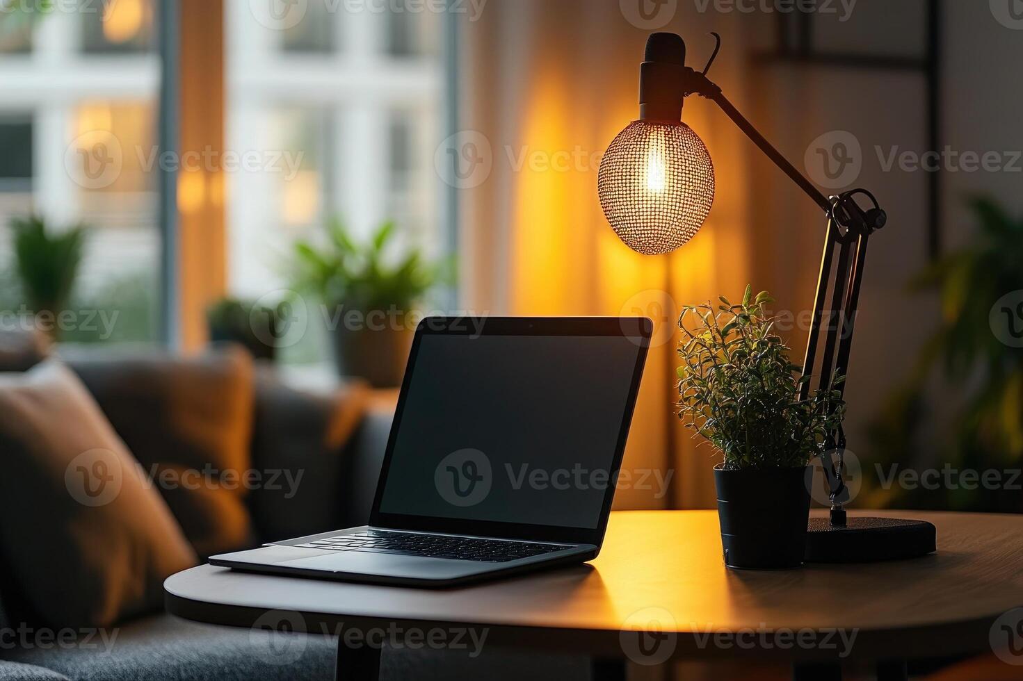 Comfortable workplace setup for working or studying from home with warm light photo