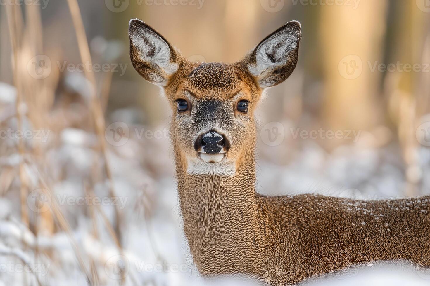 White-tailed deer fawn standing in the snow photo