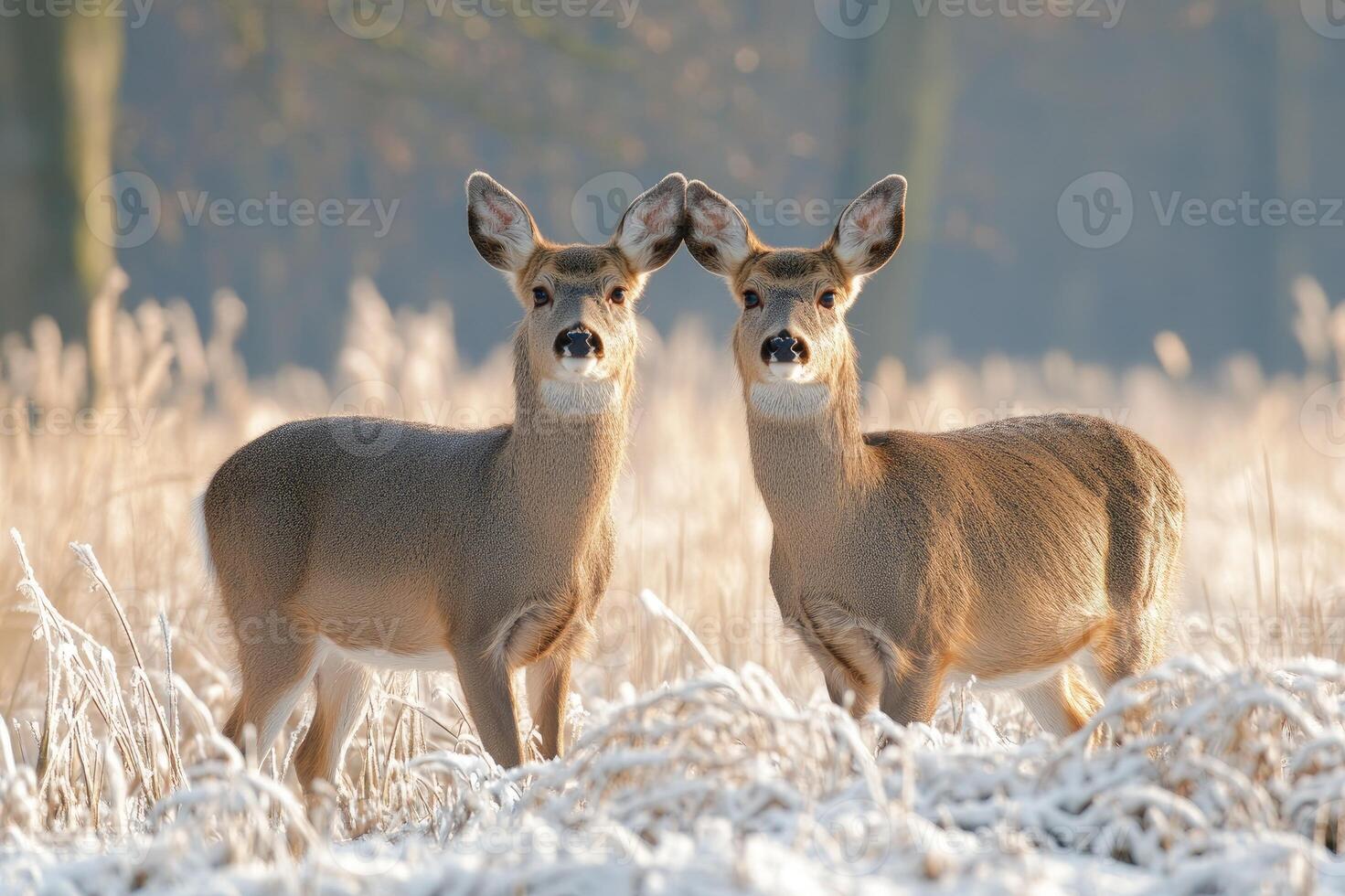 Two white-tailed deer fawns standing in winter field photo