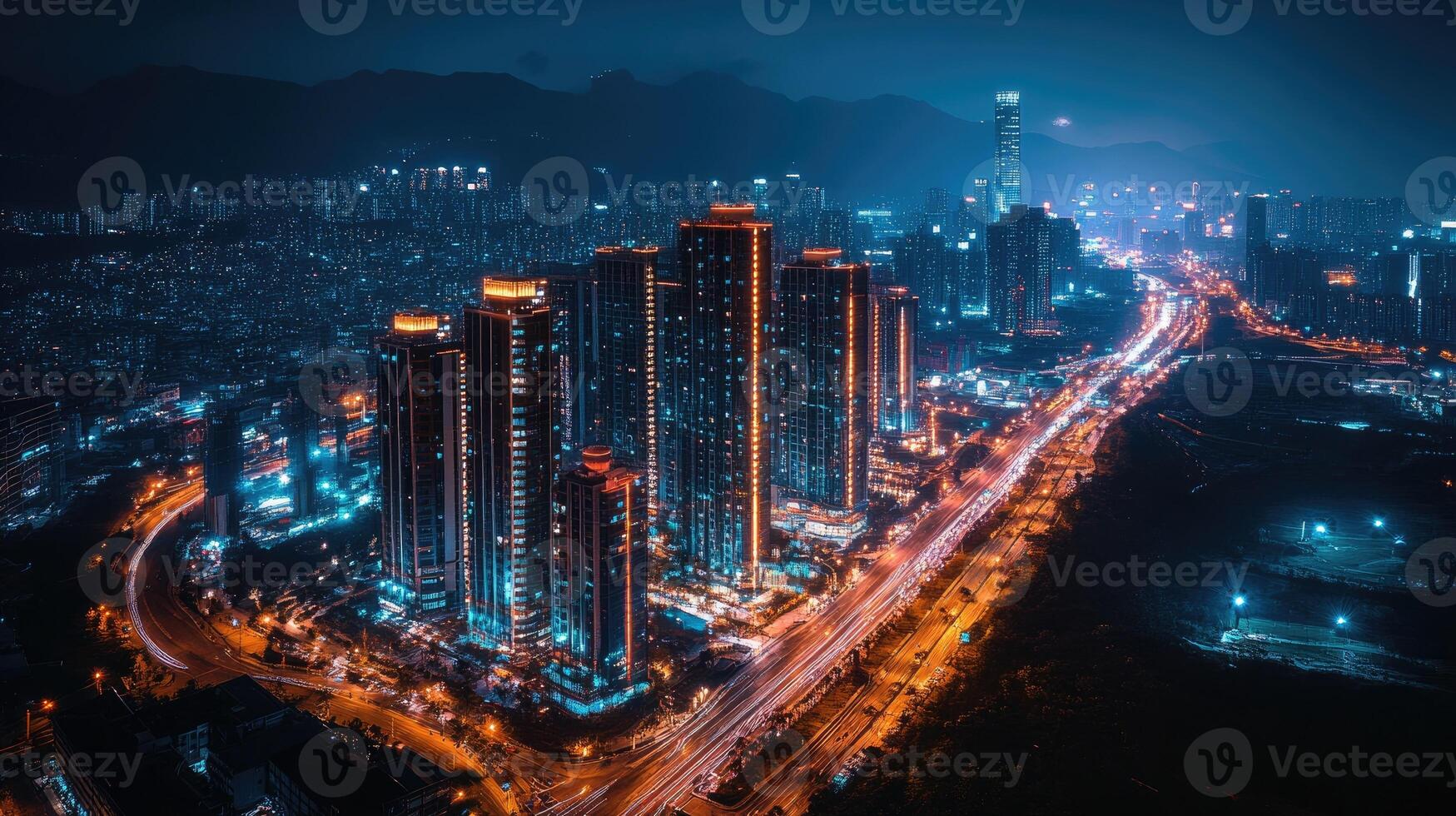 Crowded residential district with illuminated buildings at night photo