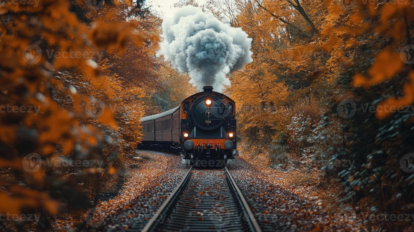 Old steam train running on rails through autumn forest photo