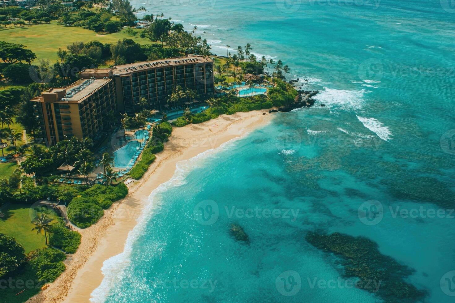 Turquoise ocean water lapping on the beach in front of a resort photo