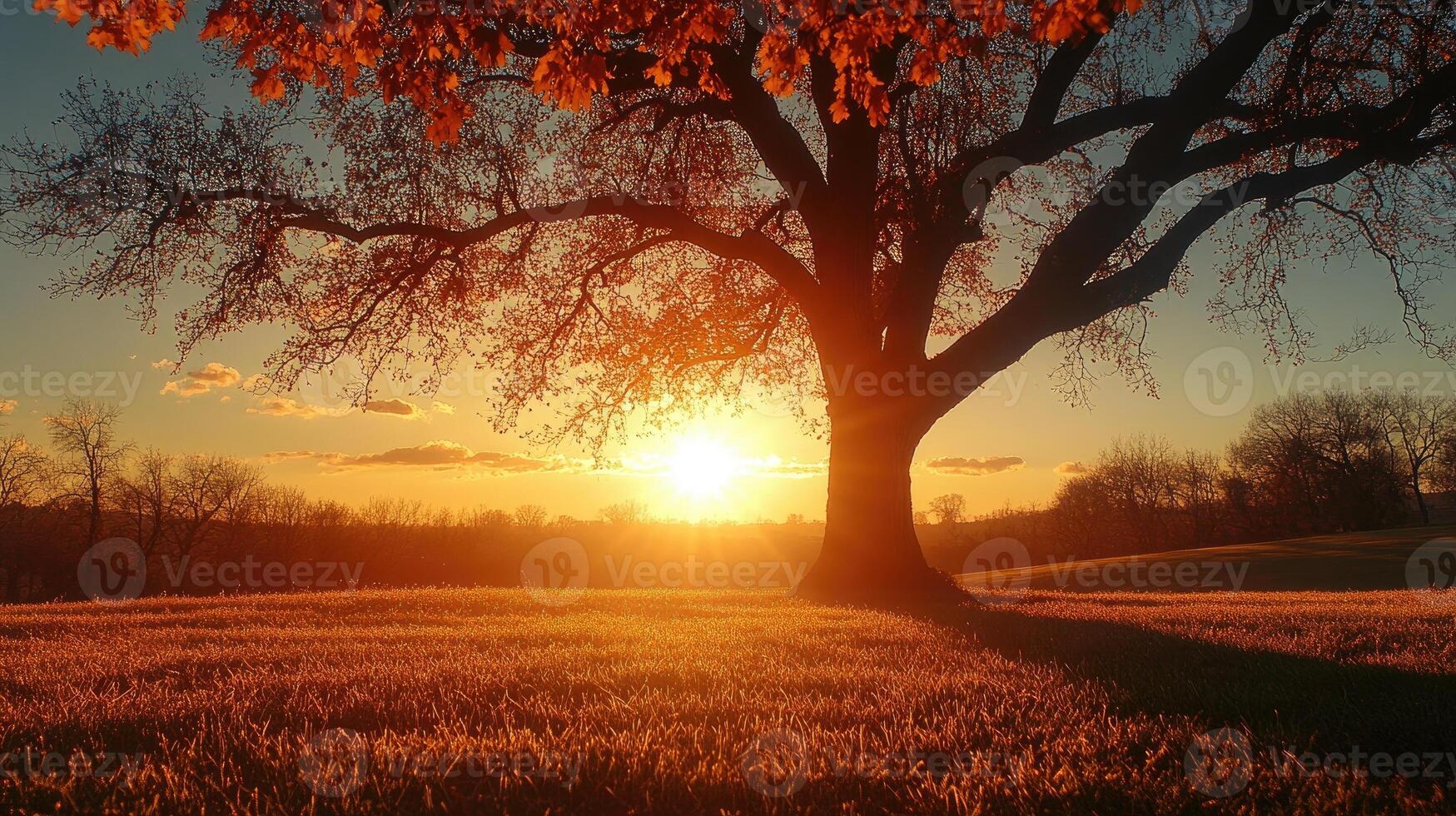 Lone tree casting long shadow at golden sunset in autumn photo