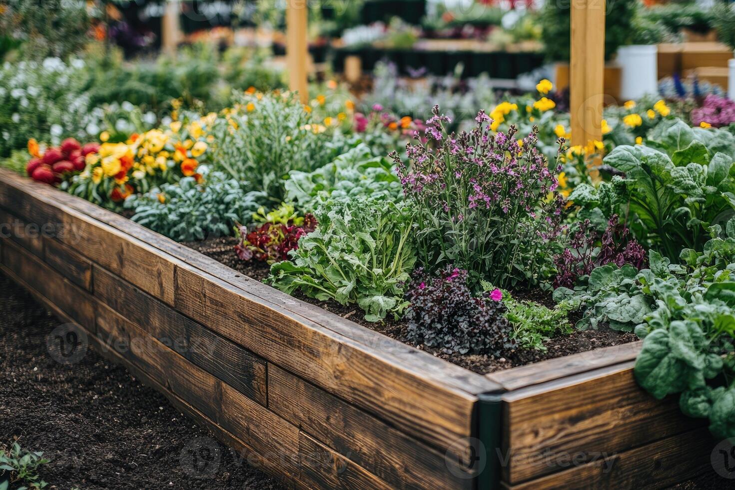 Wooden raised garden bed growing flowers and vegetables in community garden photo