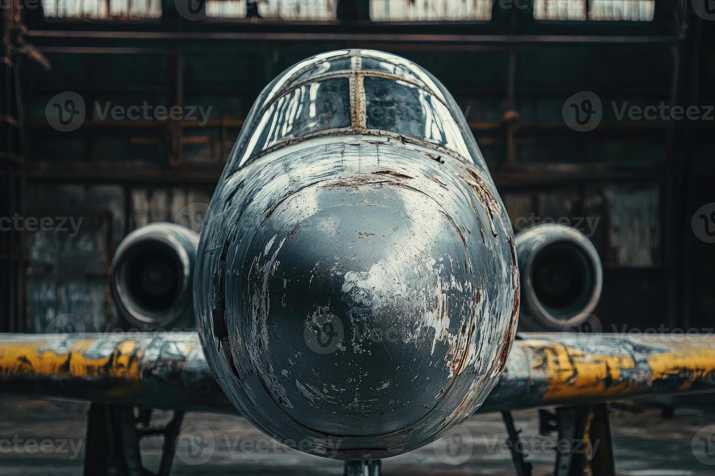 Old rusted military airplane standing inside abandoned hangar photo
