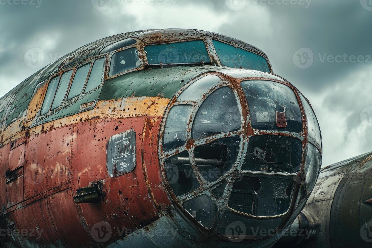 Old rusted military airplane sitting on the ground photo