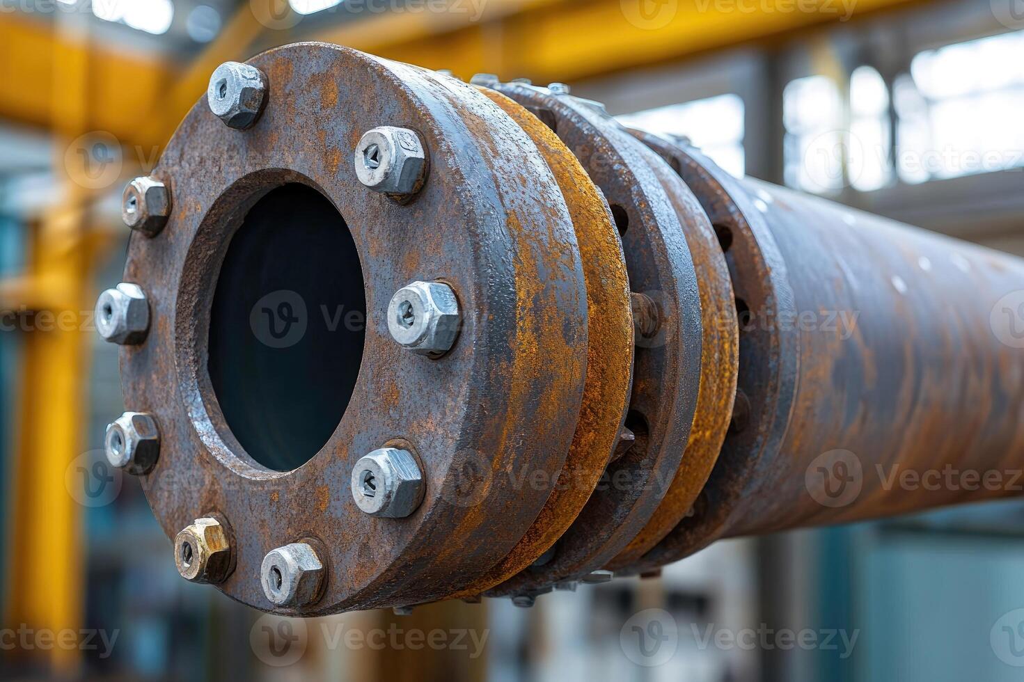 Rusty industrial pipe flange with bolts in a factory photo