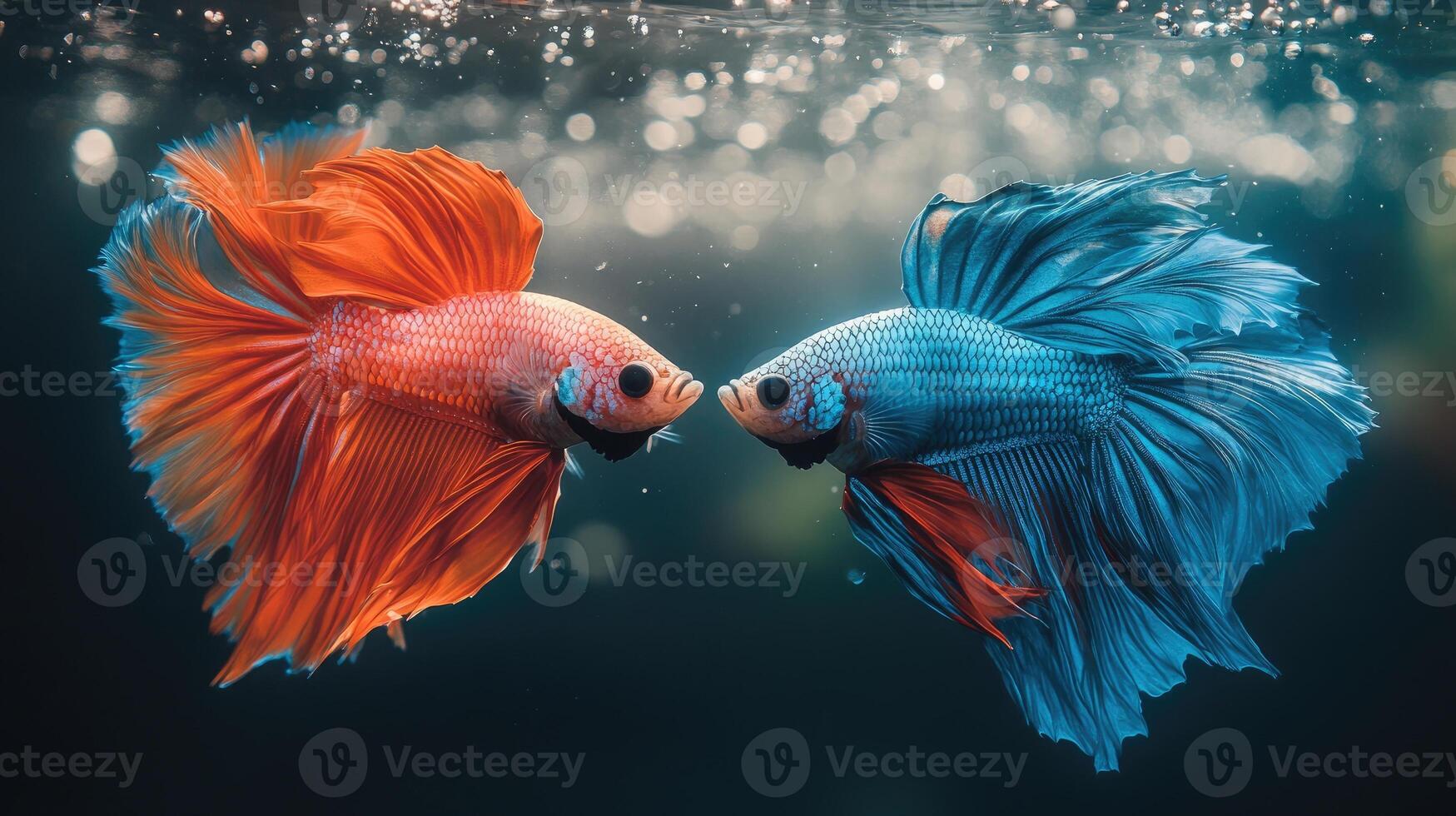 Two beautiful betta fish facing each other underwater photo