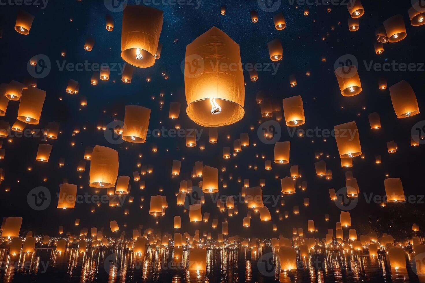 Hundreds of paper lanterns floating up into the night sky over water photo