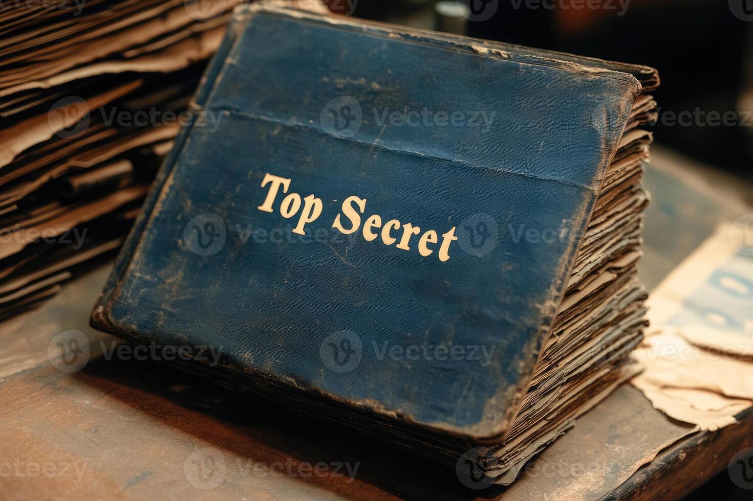 Top secret dusty dossier lying on wooden desk with stack of papers photo