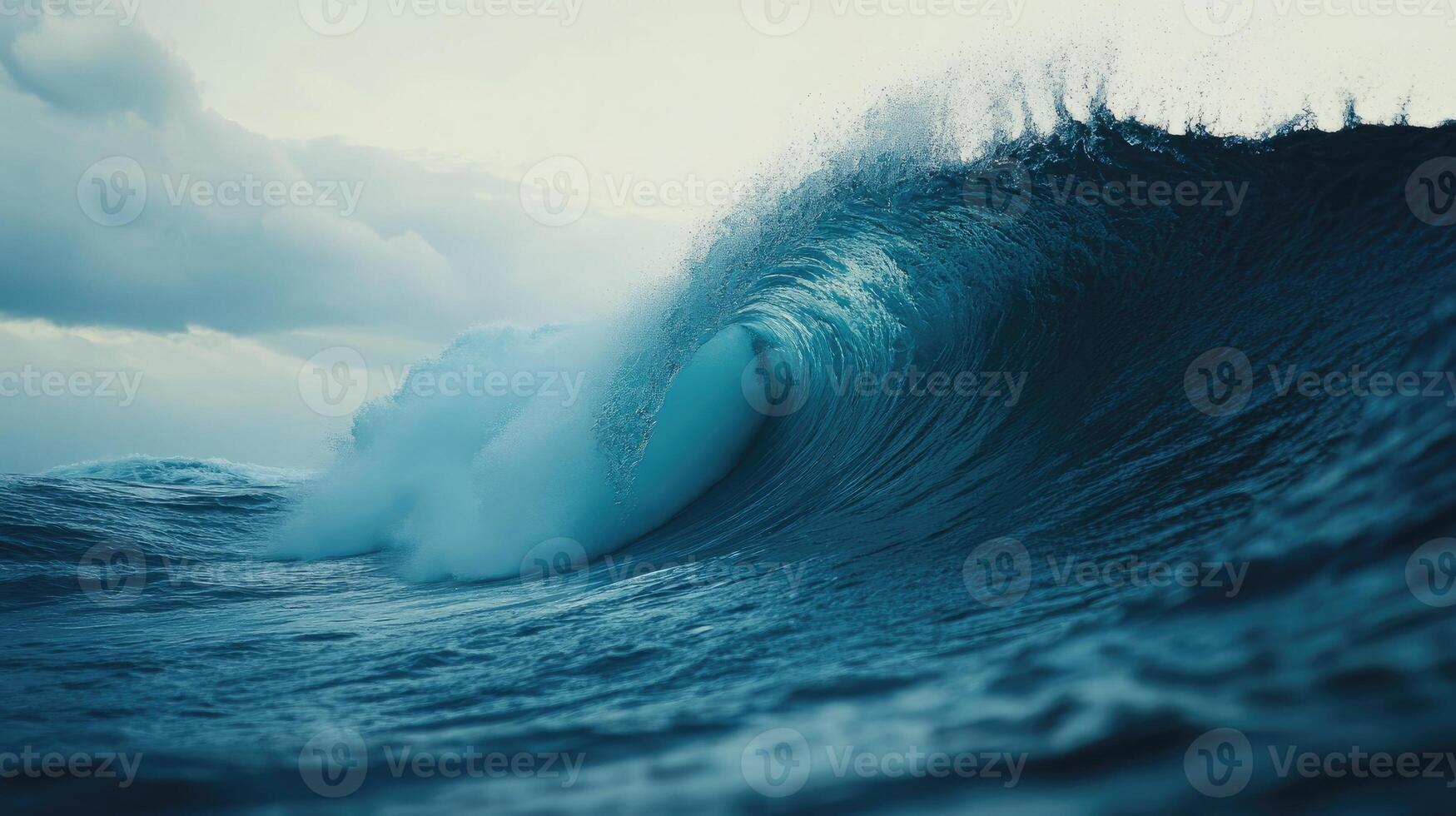 Giant blue ocean wave breaking under a cloudy sky photo