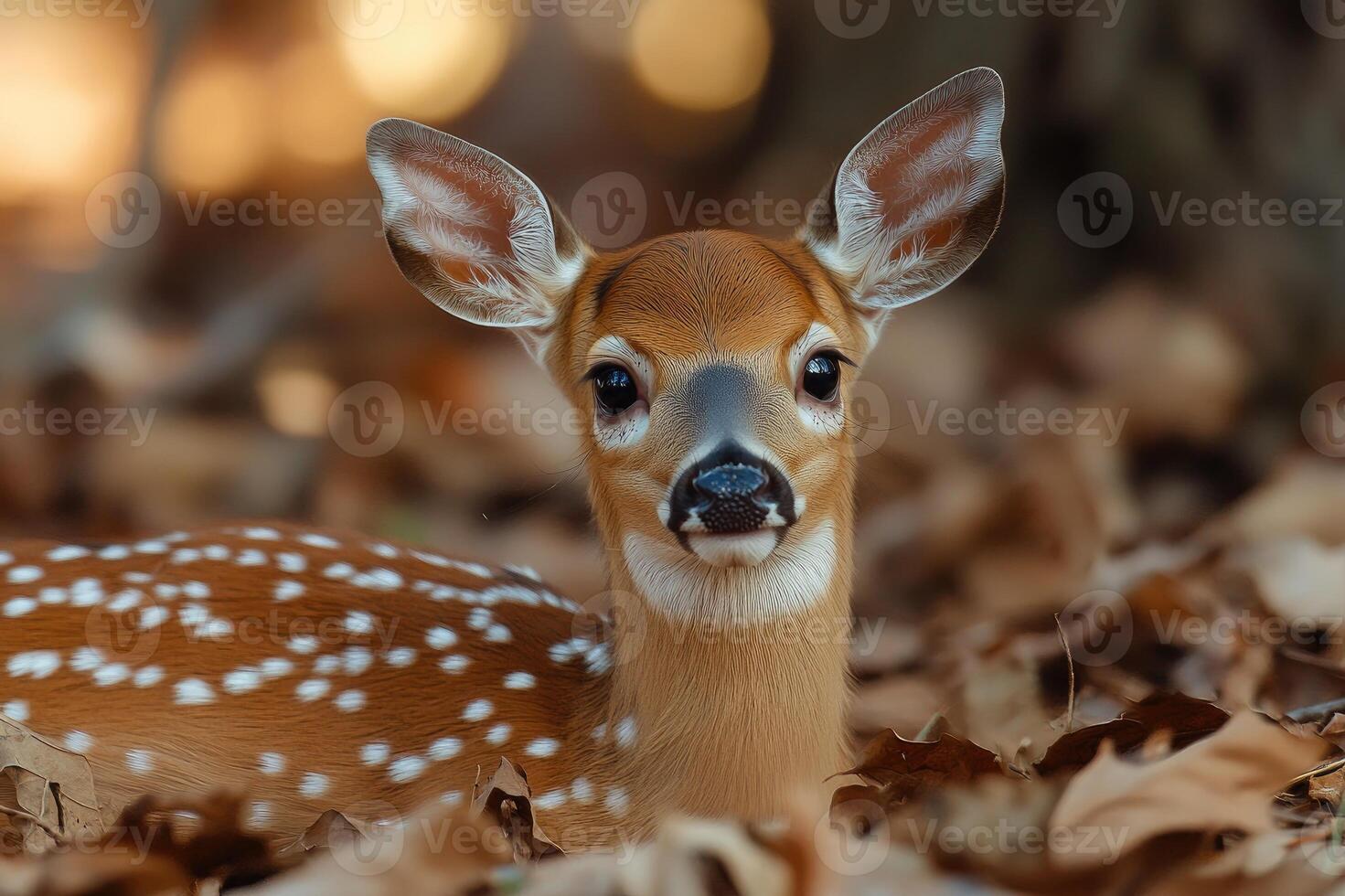 White-tailed deer fawn lying in autumn leaves photo