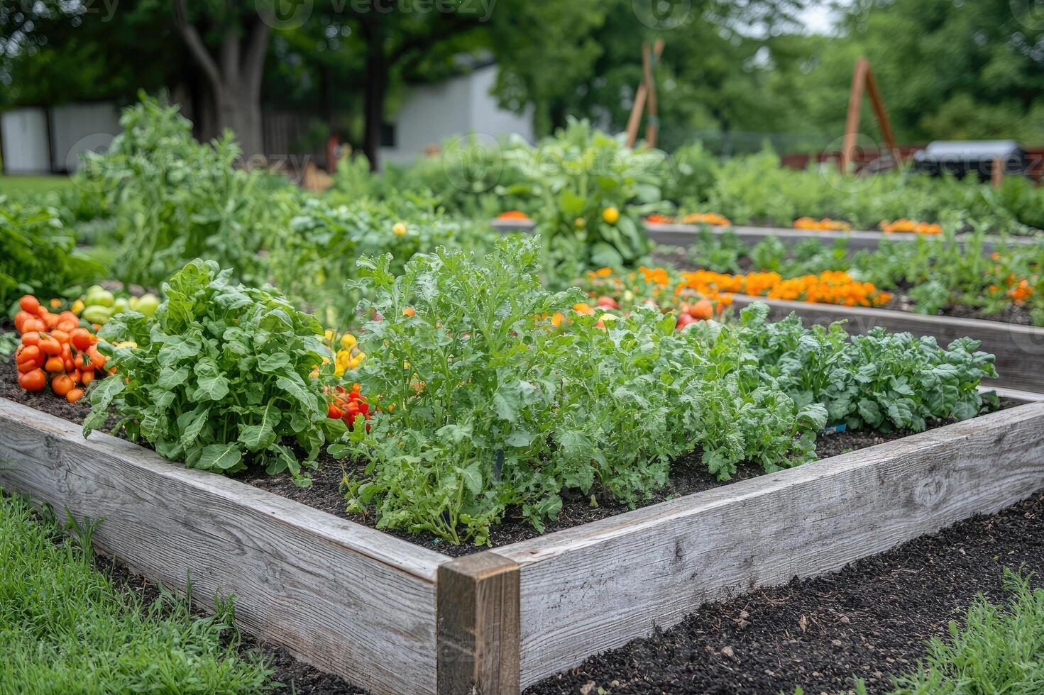 Lettuce, tomatoes and arugula growing in raised garden beds photo
