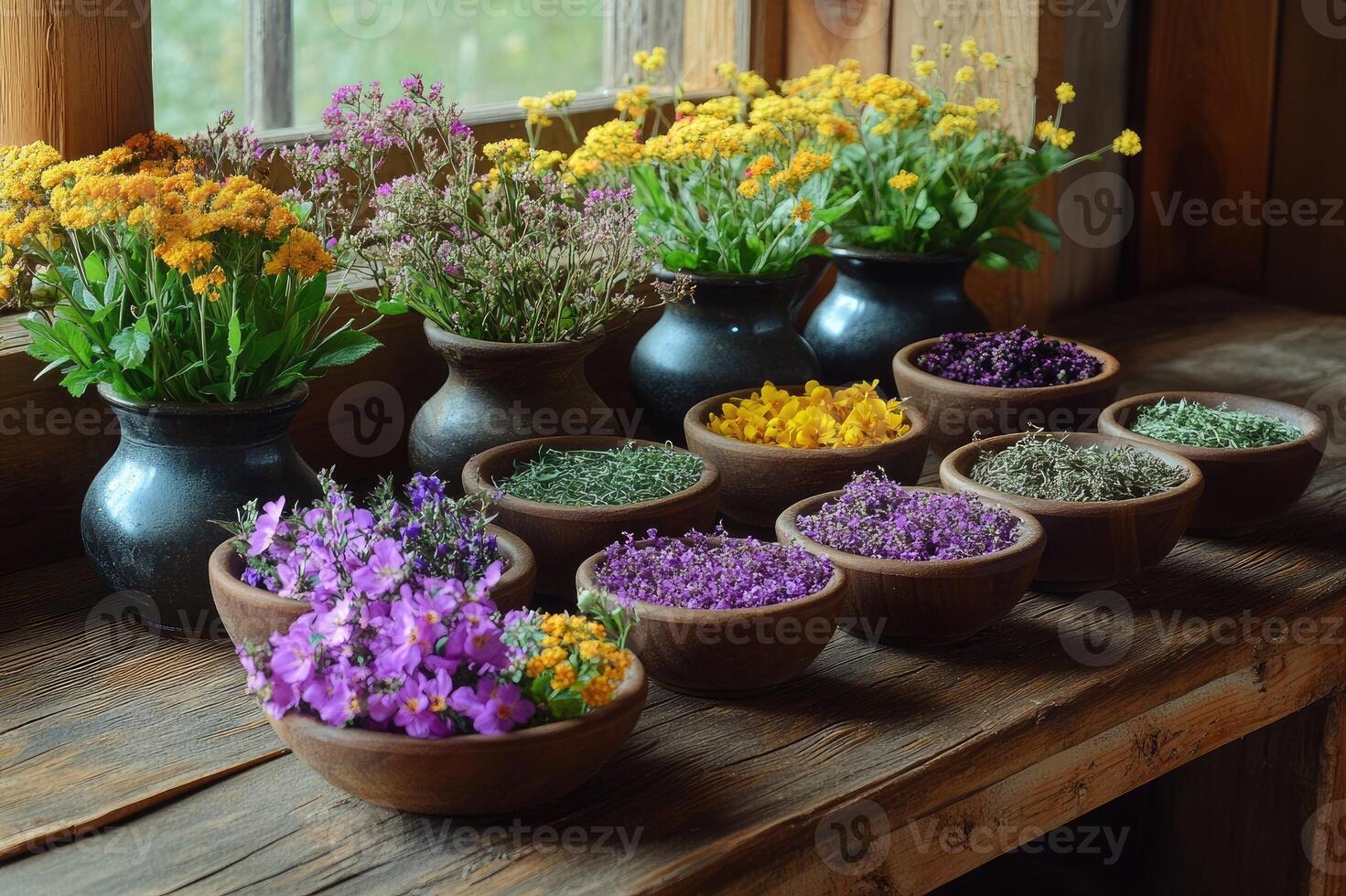 Fresh and dried medical herbs displayed in rustic setting photo