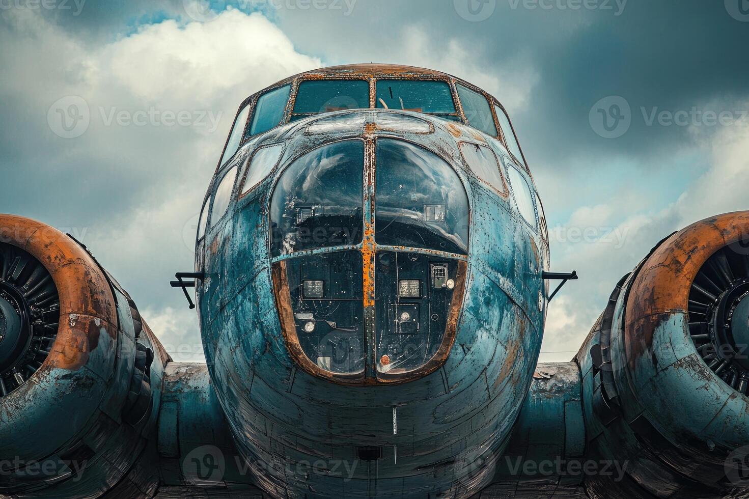 Old rusted military airplane sitting on the ground photo