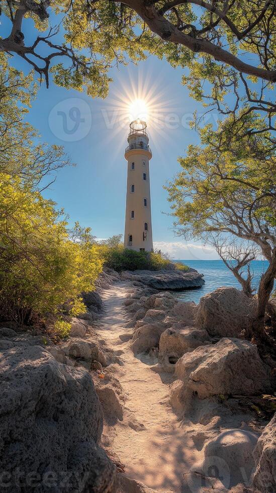 Sun shining above a white lighthouse on a tropical island photo