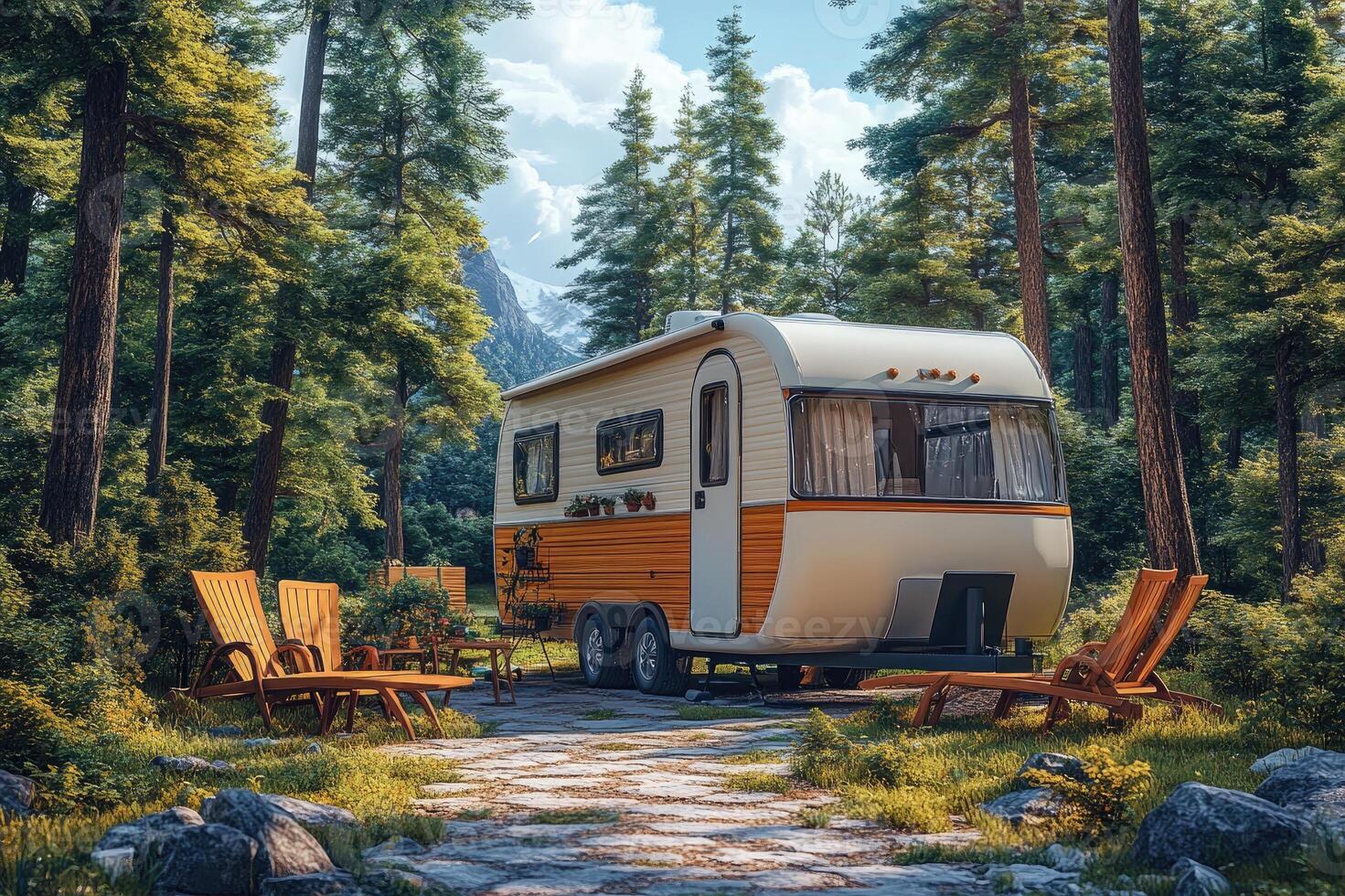 Vintage camper trailer parked in a forest setting for a relaxing getaway photo