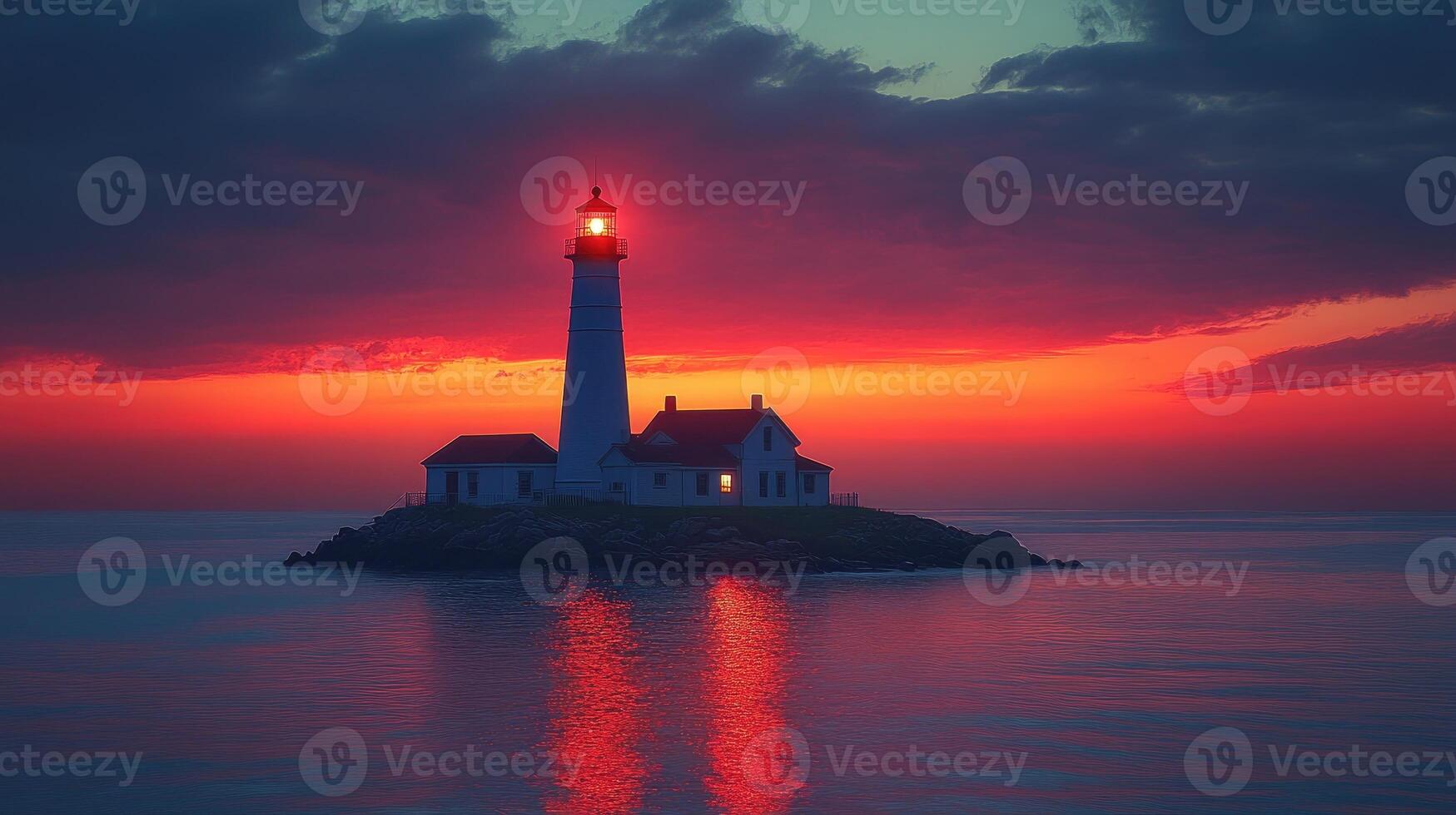 Lighthouse shining its beacon at sunset over a red sky photo