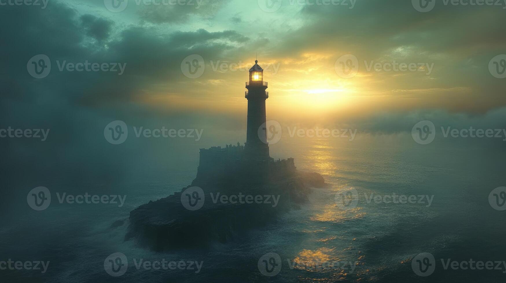 Lighthouse shining light through foggy sunset at sea photo