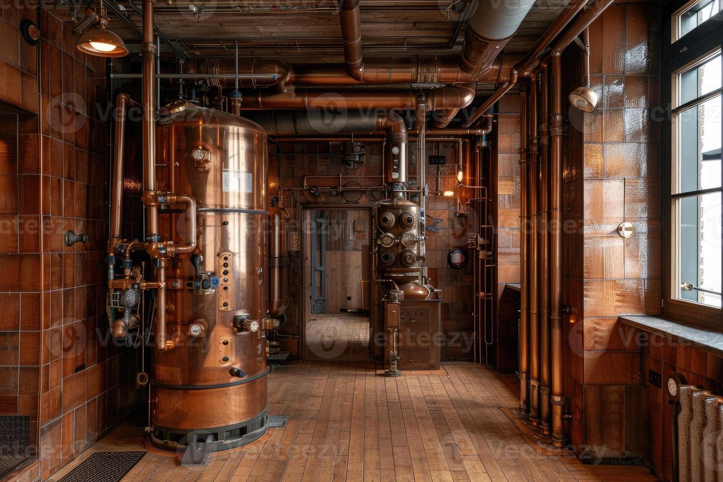 Copper distillation tanks and pipes in distillery room photo